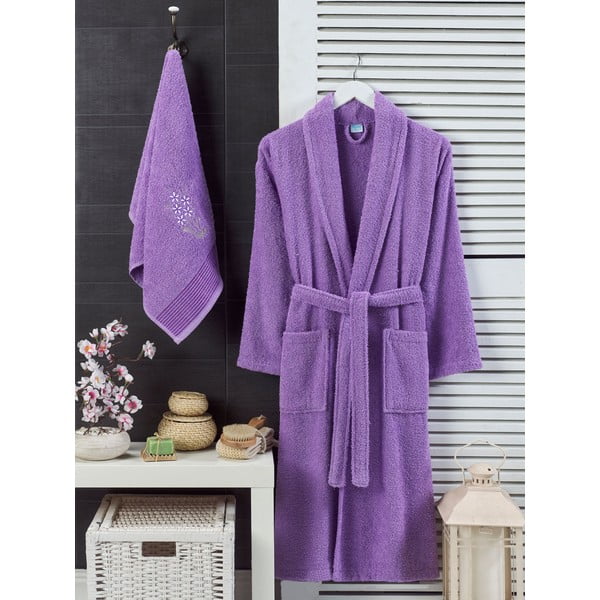 Set halat de baie și prosop mov S/M din bumbac – Mila Home