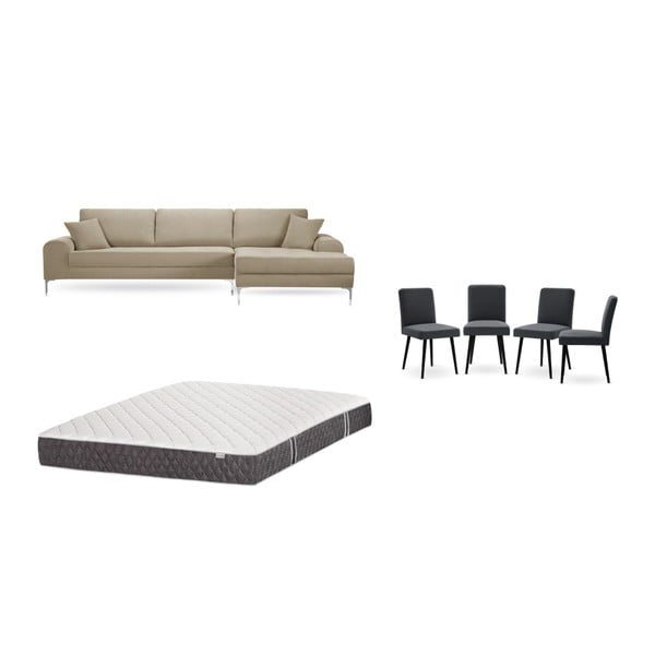 Set canapea taupe cu șezlong pe partea dreaptă, 4 scaune gri antracit și saltea 160 x 200 cm Home Essentials