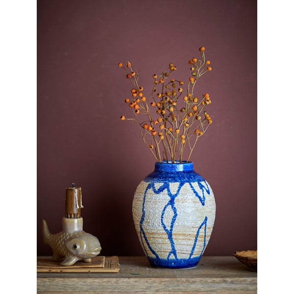 Vază albastră/crem din gresie (înălțime 16 cm) Avon – Bloomingville-image-1