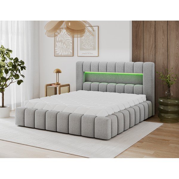 Pat matrimonial gri tapițat cu spațiu de depozitare cu somieră 160x200 cm Lamica – ELTAP-image-1