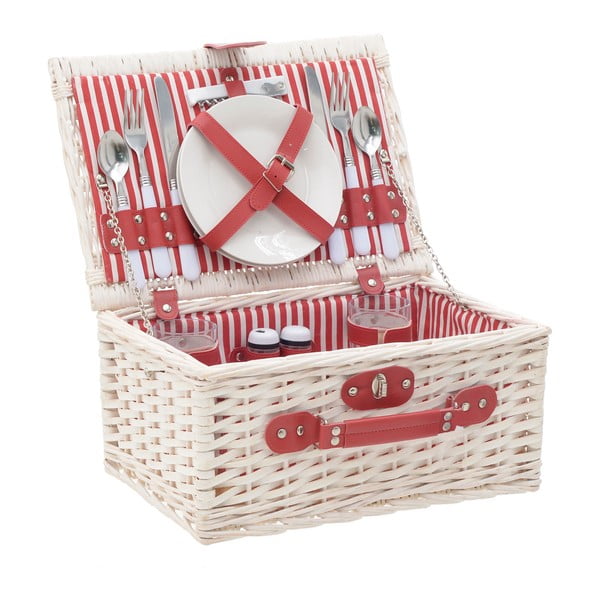 Coș picnic cu veselă InArt, 38 x 26 cm, roșu - alb