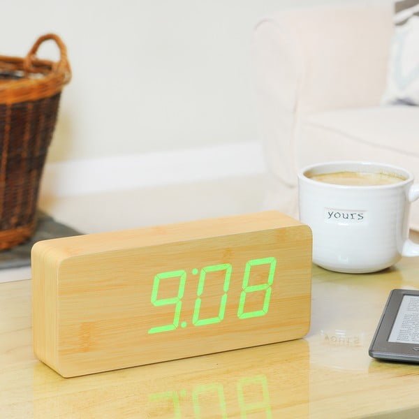 Ceas deșteptător cu LED Gingko Slab Click Clock, maro - verde-image-1
