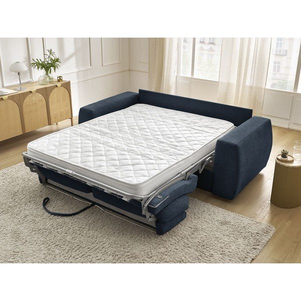 Canapea albastru-închis pentru dormitul zilnic/extensibilă cu tapițerie din chenille 220 cm Hugo – Bobochic Paris-image-1