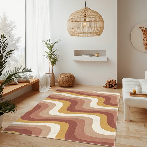 Covor galben ocru-roz prăfuit lavabil 160x230 cm Creamy Strawberry Swirl – Mila Home-image-2