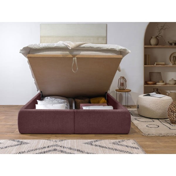 Pat matrimonial roz tapițat cu spațiu de depozitare cu somieră 160x200 cm Garance – Bobochic Paris-image-3