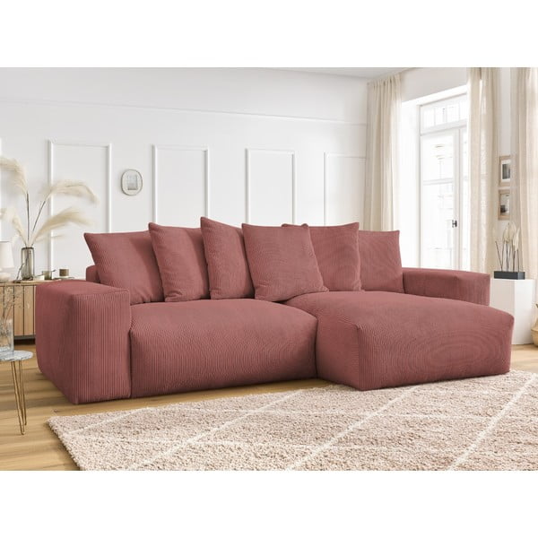 Colțar roz extensibil/cu spațiu de depozitare cu tapițerie din catifea reiată Voltaire – Bobochic Paris-image-1