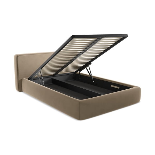 Pat matrimonial maro deschis tapițat cu spațiu de depozitare cu somieră 160x200 cm Kiana – Makamii-image-3