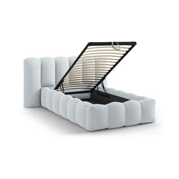 Pat gri deschis tapițat cu spațiu de depozitare cu somieră 90x200 cm Lupine – Micadoni -image-1