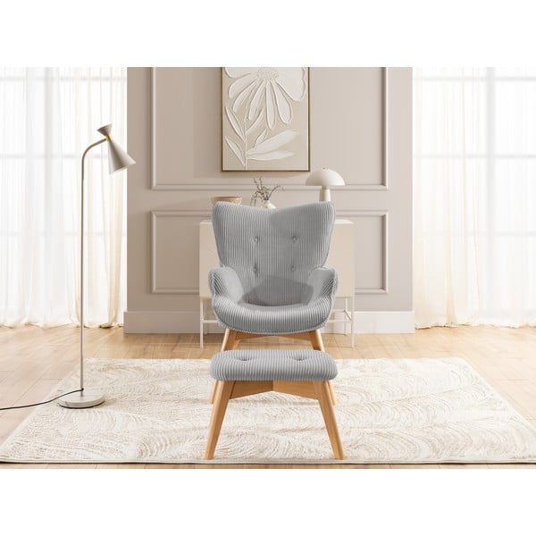 Fotoliu cu taburet gri cu tapițerie din catifea reiată Niko – Ropez-image-1