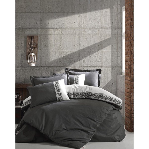 Lenjerie de pat din bumbac cu cearșaf Cotton Box Rosinda, 200 x 220 cm, gri-image-1