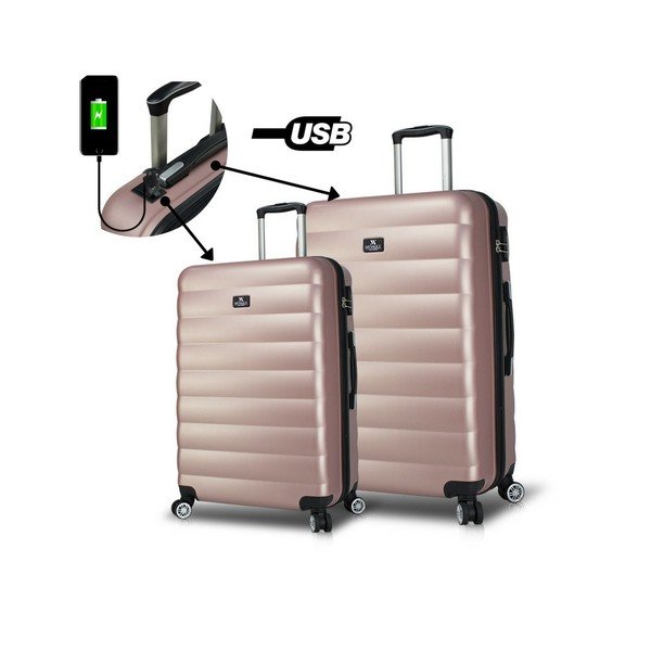 Set 2 valize cu roți și port USB My Valice RESSNO Large & Medium, roz-image-1