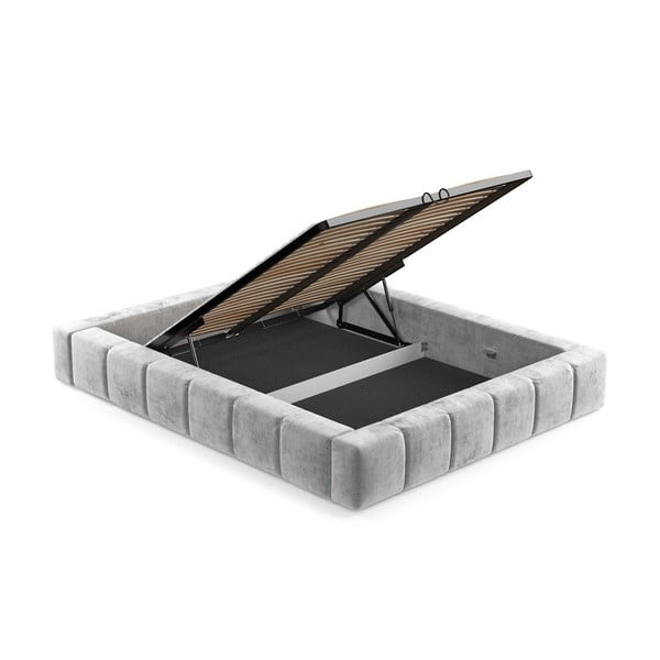 Pat matrimonial gri deschis tapițat cu spațiu de depozitare cu somieră 180x200 cm Aruba L – Maison de Rêve-image-3