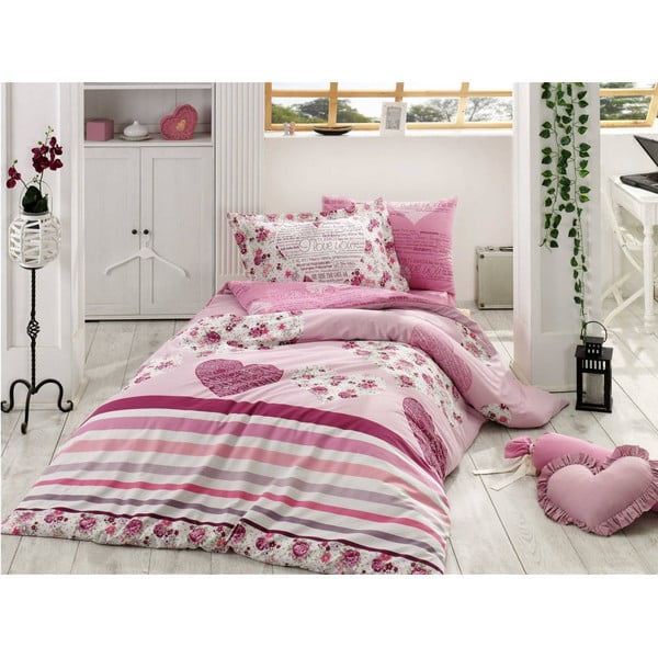 Lenjerie de pat și cearșaf din bumbac poplin pentru pat single Bella, 160 x 220 cm, roz