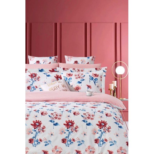 Lenjerie de pat albă/roz din bumbac ranforcé pentru pat dublu/extinsă cu cearceaf inclus/cu 4 piese 200x220 cm – Mila Home