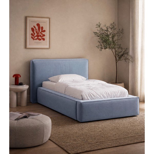 Pat albastru deschis tapițat cu spațiu de depozitare cu somieră 90x200 cm Jodie – Micadoni -image-1