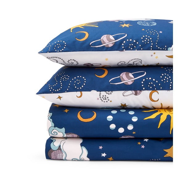 Lenjerie de pat albă-albastră din bumbac pentru pat dublu 200x200 cm Disco Space – Their Nibs