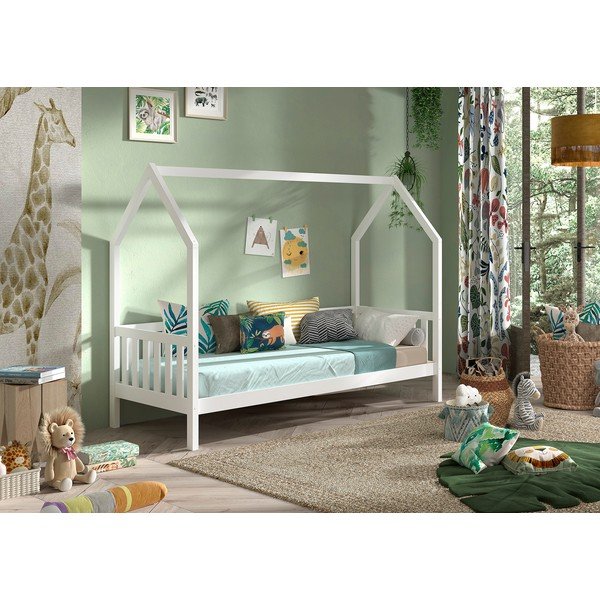 Pat pentru copii  alb de tip casă din lemn de pin cu somieră 90x200 cm Cabane – Vipack-image-1