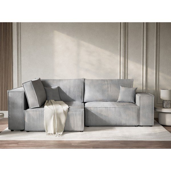 Colțar gri extensibil/cu spațiu de depozitare cu tapițerie din catifea reiată  (cu colț pe partea stângă/în formă de ”L”) Tonga – Maison de Rêve-image-1