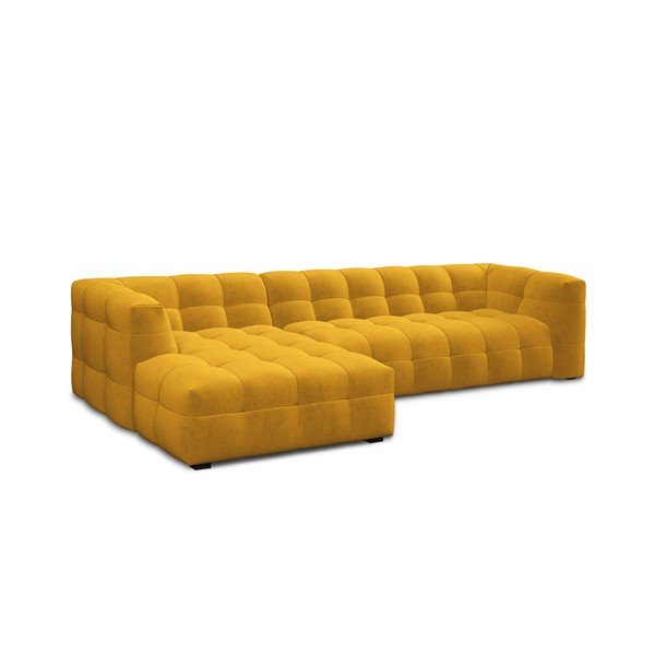 Colțar cu tapițerie din catifea și șezlong pe partea stângă Windsor & Co Sofas Vesta, galben-image-3