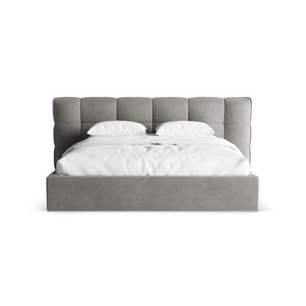 Pat matrimonial gri tapițat cu spațiu de depozitare cu somieră 200x200 cm Eric – Micadoni -image-4