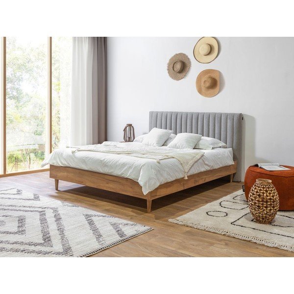 Pat matrimonial gri deschis/natural cu somieră 160x200 cm Oceane – Bobochic Paris-image-1