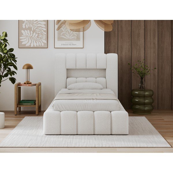 Pat crem tapițat cu spațiu de depozitare cu somieră 90x200 cm Lamica – ELTAP-image-2
