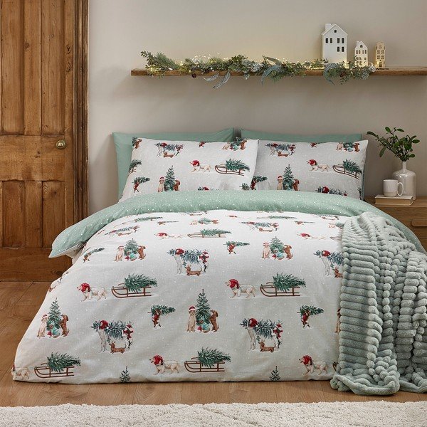 Lenjerie de pat verde/în culoare naturală din flanelă pentru pat dublu 200x200 cm Brushed Christmas Dogs – Catherine Lansfield-image-2