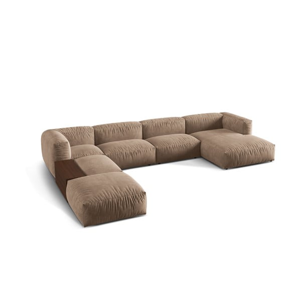 Colțar modular maro deschis cu tapițerie din catifea (cu colț pe partea stângă/în formă de "U") Martina – Micadoni -image-1