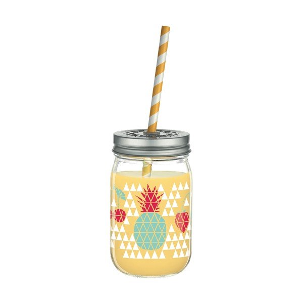 Pahar din sticlă cu pai și capac Ritzenhoff Kathrin Stockebrand Pineapple, 445 ml