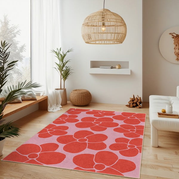 Covor tip traversă roșu-roz lavabil 80x200 cm Poppy Fields – Mila Home-image-2