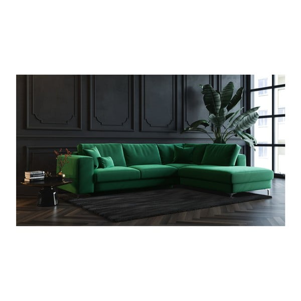 Colțar extensibil din catifea cu șezlong pe partea dreaptă devichy Rothe, verde închis-image-3