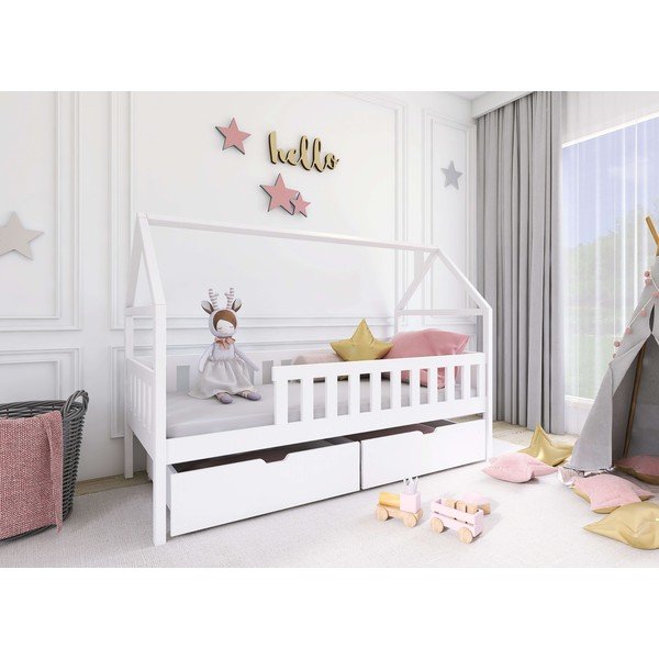 Pat din lemn de pin alb pentru copii în formă de căsuță cu spațiu de depozitare 80x180 cm Domi - Lano Meble-image-2