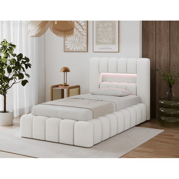 Pat crem tapițat cu spațiu de depozitare cu somieră 90x200 cm Lamica – ELTAP-image-3