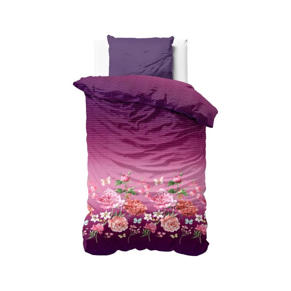 Lenjerie de pat din micropercal Sleeptime Bright Flowers, 140 x 200 cm, mov