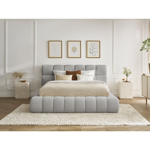 Pat matrimonial gri deschis tapițat cu spațiu de depozitare cu somieră 180x200 cm Mont Blanc – Bobochic Paris-image-1