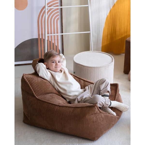 Puf de copii crem cu tapițerie din catifea reiată – Wigiwama-image-2