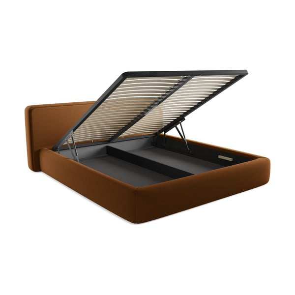 Pat matrimonial teracotă tapițat cu spațiu de depozitare cu somieră 180x200 cm Kiana – Makamii-image-3