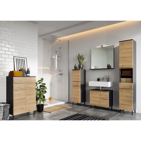 Dulap de baie înalt de culoare gri închis în decor de stejar 34x190 cm Salinas - Germania-image-3