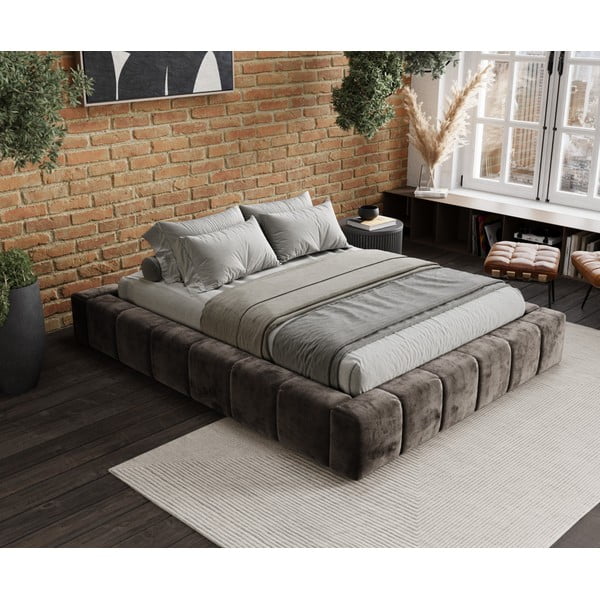 Pat matrimonial maro tapițat cu spațiu de depozitare cu somieră 160x200 cm Aruba L – Maison de Rêve-image-1