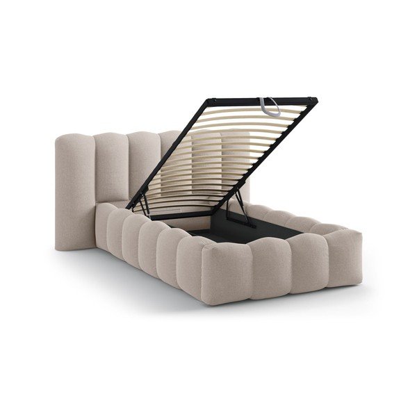 Pat maro deschis tapițat cu spațiu de depozitare cu somieră 90x200 cm Lupine – Micadoni -image-1