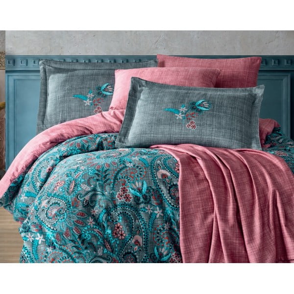 Lenjerie de pat din bumbac satinat pentru pat dublu cu cearșaf Hobby Estela, 200 x 220 cm, verde