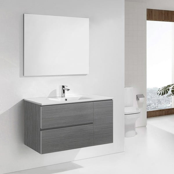 Dulăpior baie cu lavoar și oglindă Happy, nuanță de gri, 100 cm