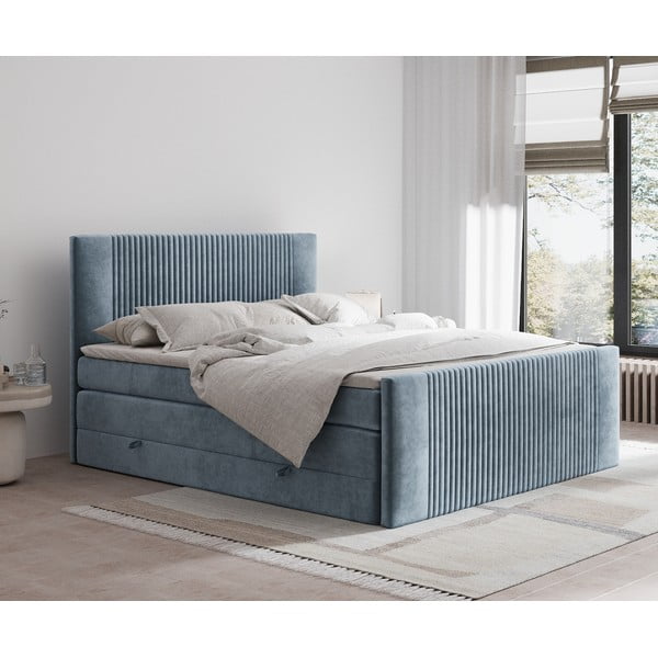 Pat boxspring albastru cu spațiu de depozitare 140x200 cm Bergamo – Maison de Rêve-image-1
