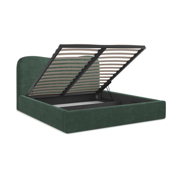 Pat matrimonial verde tapițat cu spațiu de depozitare cu somieră 140x200 cm Kahai – Makamii-image-3