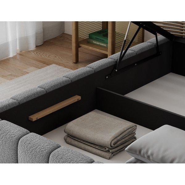 Pat matrimonial gri tapițat cu spațiu de depozitare cu somieră 160x200 cm Lamica – ELTAP-image-3