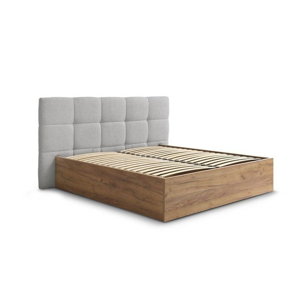 Pat matrimonial gri tapițat/din  placă aglomerată de lemn tapițat cu spațiu de depozitare cu somieră 180x200 cm Kumo – Bobochic Paris