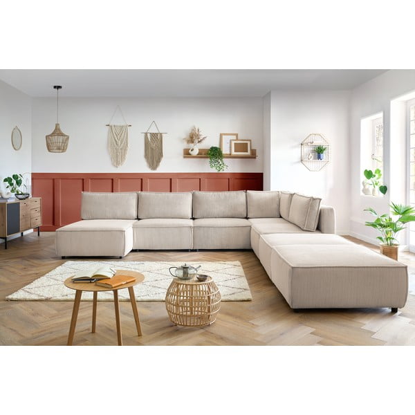 Colțar crem cu tapițerie din catifea reiată  (în formă de "U"/cu colț variabil) Nihad modular – Bobochic Paris-image-1