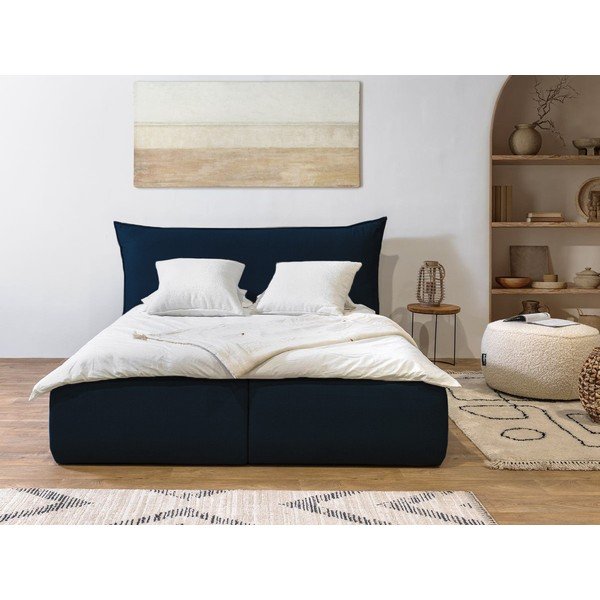Pat matrimonial albastru închis tapițat cu spațiu de depozitare cu somieră 180x200 cm Jade – Bobochic Paris-image-1