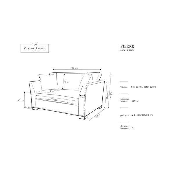 Canapea cu 2 locuri The Classic Living Pierre, gri închis-image-1