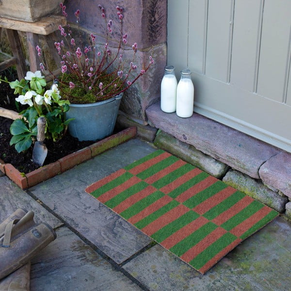Covoraș de intrare din fibre de nucă de cocos 40x60 cm Pink & Green Half Stripes – Artsy Doormats-image-3